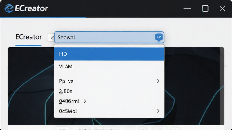 ECreator high resolution export settings screen, dropdown menu with 'HD' option selected, UI elements clearly visible,