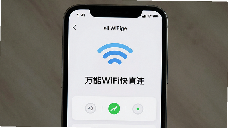 Boogu-Image 生图提示词: 主体为智能手机屏幕显示万能WiFi快直连APP界面,布局为中心对称,排版简洁,风格现代扁平化,细节包括信号图标和连接状态指示,画质高清干净无多余元素,文字