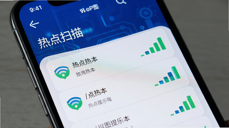Boogu-Image 生图提示词: 主体为手机界面展示WiFi热点列表,布局为列表式,排版整齐,风格科技感,细节包括信号强度柱状图,画质清晰,文字