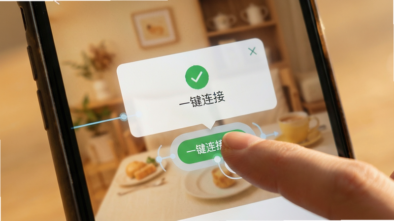 Boogu-Image 生图提示词: 主体为手指点击连接按钮,布局为交互界面,排版简约,风格温馨实用,细节包括连接成功提示框,画质细腻,文字