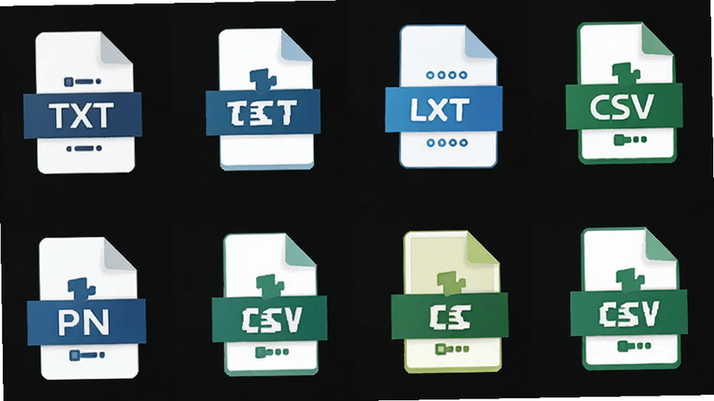 Icons representing different file formats (TXT, PNG, CSV) floating around the LCC Studio logo, arranged in a neat grid, modern flat icon style