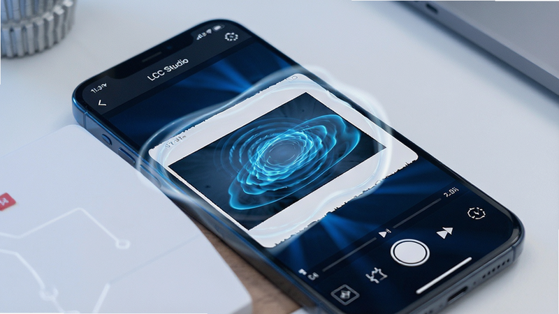 A smartphone showing a smooth animation of an image processing task in LCC Studio, visual representation of fast rendering, tech aesthetic, clean lines, blue and white color scheme