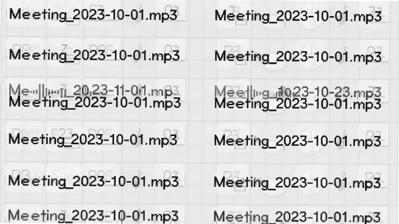 文件列表界面示意图,显示多个自动命名的录音文件,如'Meeting_2023-10-01.mp3',字体清晰,排列整齐,背景为浅灰色网格