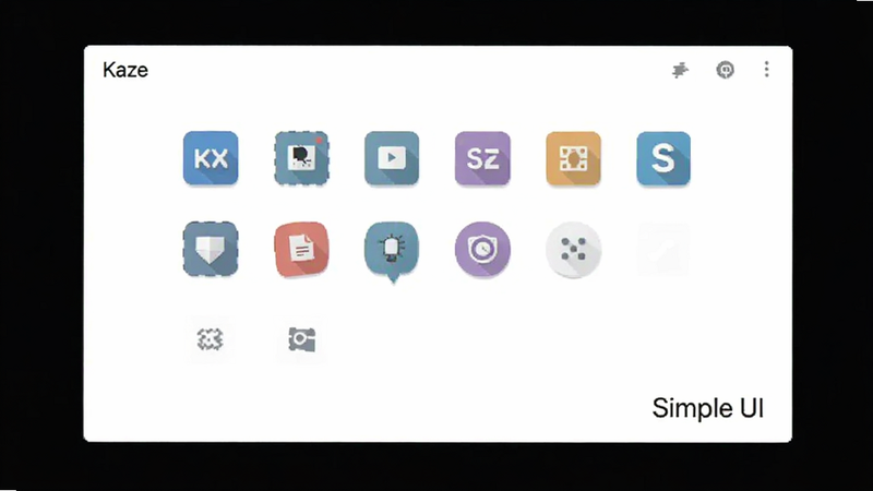 Kaze SLauncher minimalist UI, flat design, customizable icons, white background, simple layout, modern aesthetics, clean lines, text