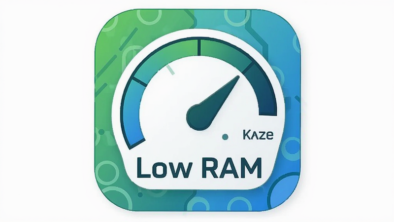 Kaze SLauncher low resource usage, battery saving icon, memory gauge, lightweight app, tech illustration, green and blue tones, clean design, text