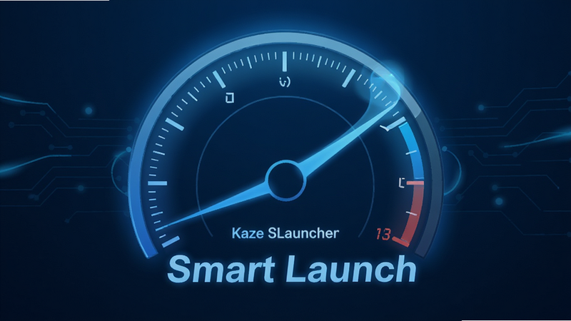 Kaze SLauncher smart startup optimization, speedometer graphic, smooth animation, tech blue theme, modern UI, clean background, text