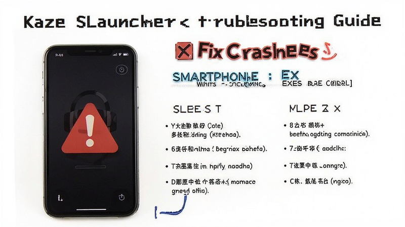 Kaze SLauncher troubleshooting guide, smartphone with warning icon, step-by-step fix, clean white background, instructional style, text
