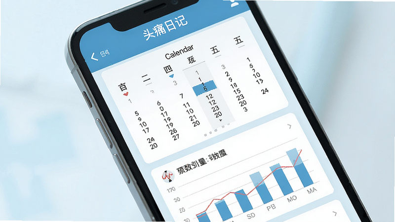 一个智能手机屏幕特写,显示“头痛日记”APP界面,包含日历视图和图表统计,背景为柔和的医疗蓝白色调,扁平化设计风格,清晰易读,高清画质,干净无多余元素