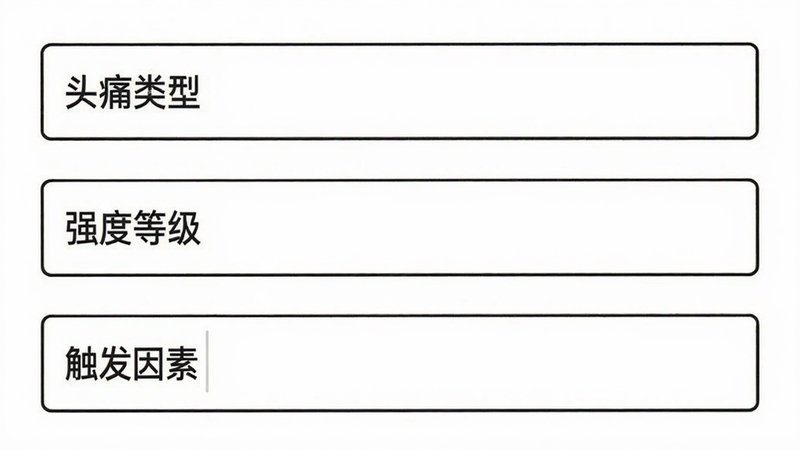 APP界面截图,展示表单填写区域,包含“头痛类型”、“强度等级”、“触发因素”输入框,简洁的UI设计,白色背景,黑色文字,扁平风格,清晰布局