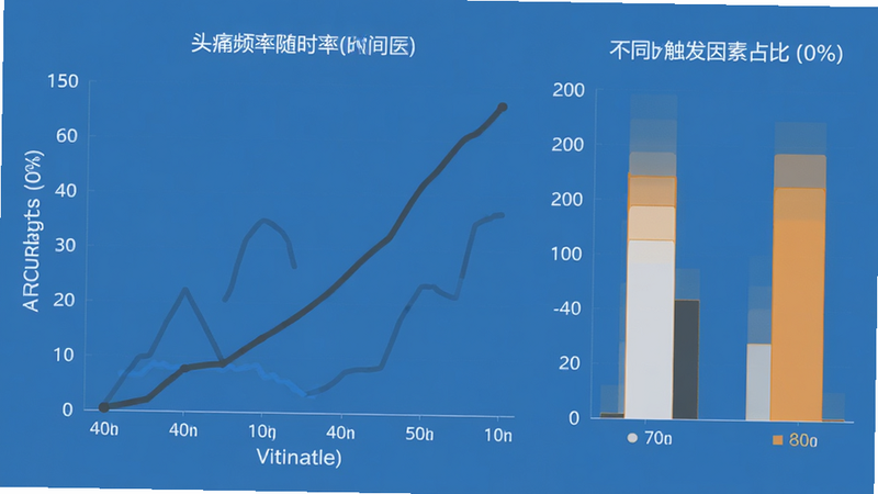 数据可视化图表,折线图显示头痛频率随时间变化,柱状图展示不同触发因素占比,深灰色线条,蓝色背景,现代简约风格,数据清晰
