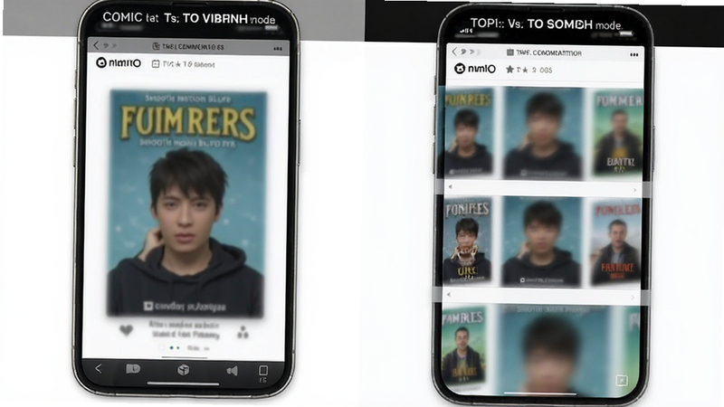 Comic Viewer reading mode comparison, left to right vs top to bottom scrolling animation, smooth motion blur effect, clean UI