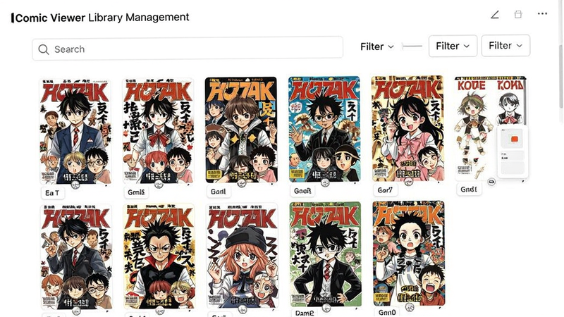 Comic Viewer library management interface, grid view of manga covers, search bar, filter options, clean layout, white background