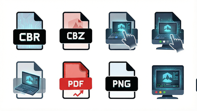 Comic Viewer file format support graphic, icons for CBR, CBZ, PDF, PNG, clean vector style, white background, modern tech aesthetic
