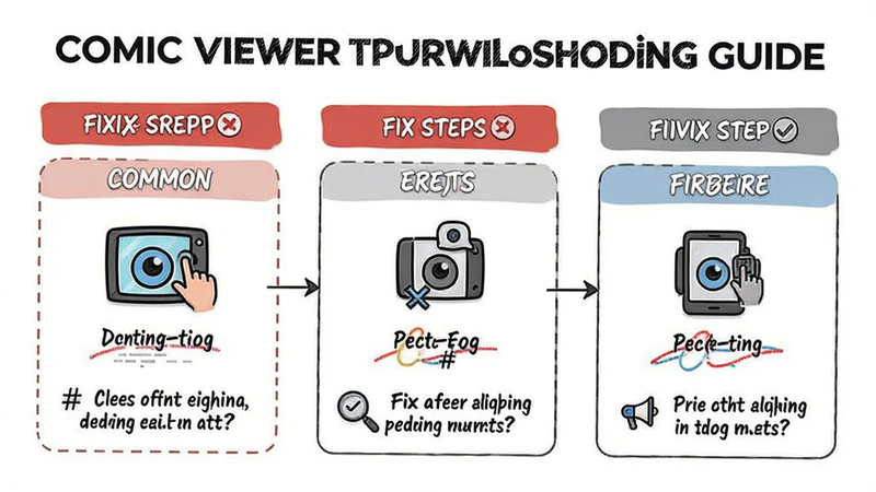Comic Viewer troubleshooting guide infographic, common errors, fix steps, clean design, white background, simple icons