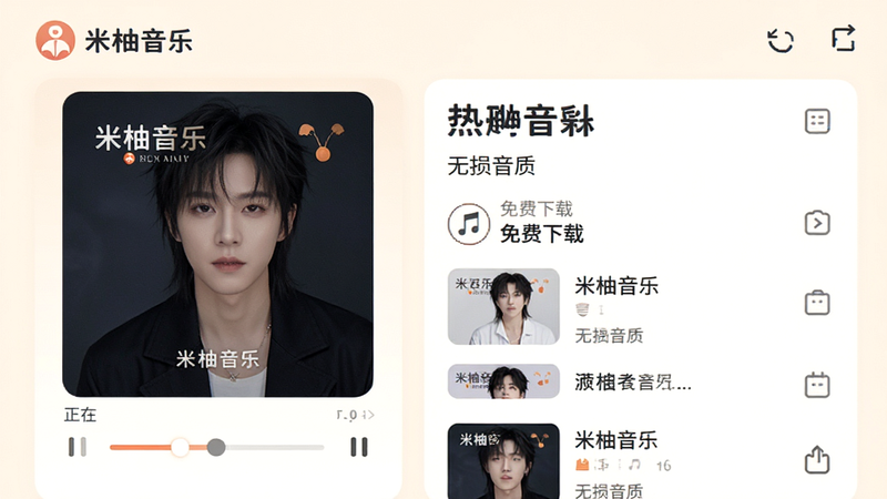 主体为米柚音乐APP首页界面截图,布局采用卡片式网格设计,背景为柔和的米白色,左侧显示正在播放的歌曲封面与进度条,右侧列出热门歌曲排行榜,文字清晰显示