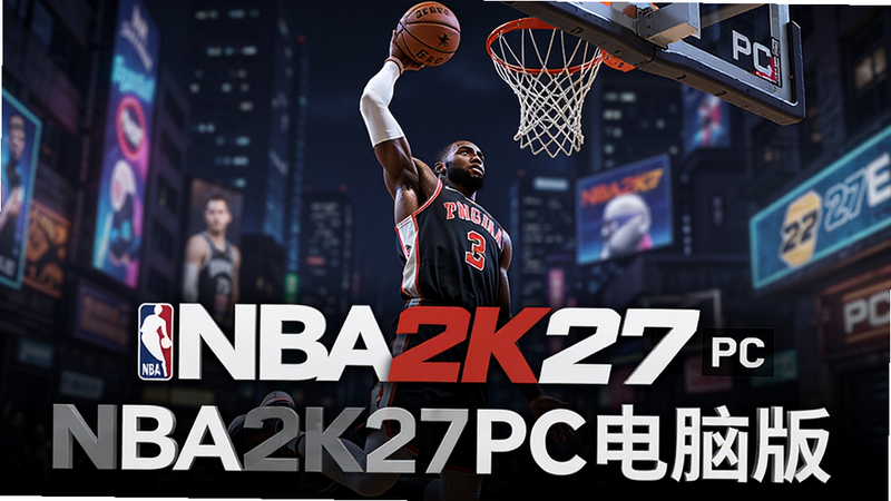 A high-resolution promotional image for NBA2K27PC电脑版, featuring a basketball player in dynamic action mid-air dunking against a vibrant urban backdrop with neon lights. The text