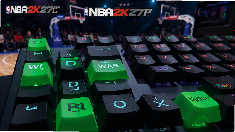 A close-up view of a gaming keyboard with custom key bindings mapped for NBA2K27PC电脑版. Keys like WASD and Space are highlighted in green. The background shows a blurred basketball court scene. Style: Cyberpunk gaming aesthetic, neon accents, detailed texture on keys.
