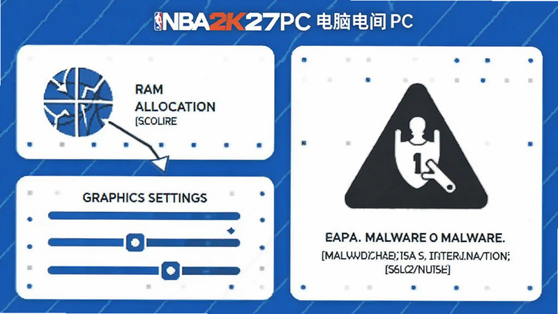 A troubleshooting guide infographic for NBA2K27PC电脑版 on PC. Shows icons representing RAM allocation, graphics settings sliders, and a warning sign about malware. Style: Minimalist flat design, clear vector icons, white background with blue accents.