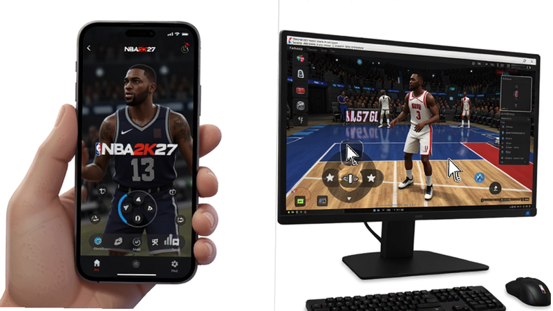 A split-screen illustration showing a smartphone running NBA2K27 and a PC monitor displaying the same game via an emulator interface. The PC screen shows crisp graphics with mouse cursor overlays for controls. Style: Tech-focused, modern UI design, clean white background, realistic rendering.