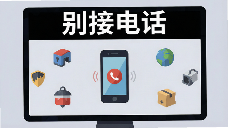 别接电话PC试玩电脑版游戏界面,极简扁平风格,屏幕中央显示一个正在响铃的手机,周围散落着各种道具图标,背景为柔和的浅灰色,文字