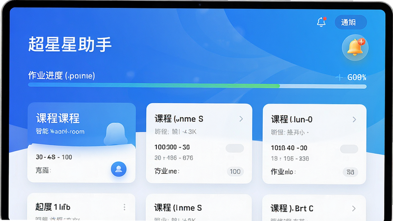超星助手 智能课程管理界面,显示课程卡片,作业进度条,通知铃铛图标,现代UI设计,蓝色渐变背景,清晰排版,真实感,细节丰富,干净背景,无多余元素