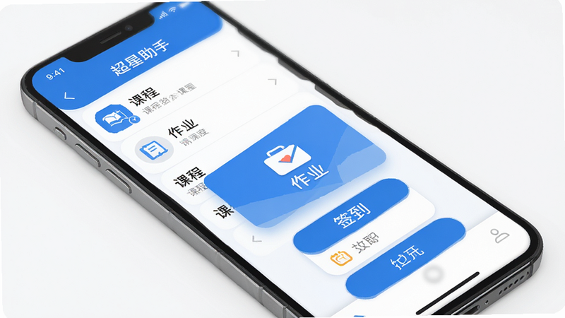 超星助手 手机应用界面展示,包含课程列表、作业图标、签到按钮,扁平化设计风格,蓝色为主色调,简洁清晰,无多余元素,高分辨率,真实感,细节丰富,干净背景