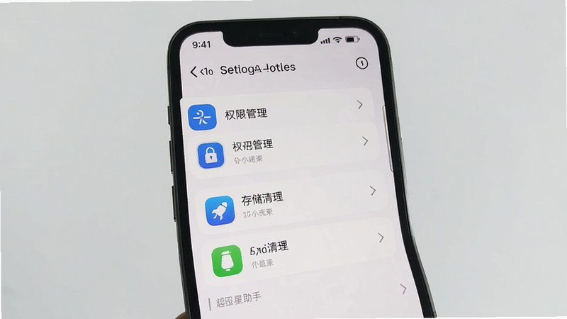 超星助手 手机设置界面,显示权限管理,存储清理选项,简洁图标,真实感,细节丰富,干净背景,无多余元素