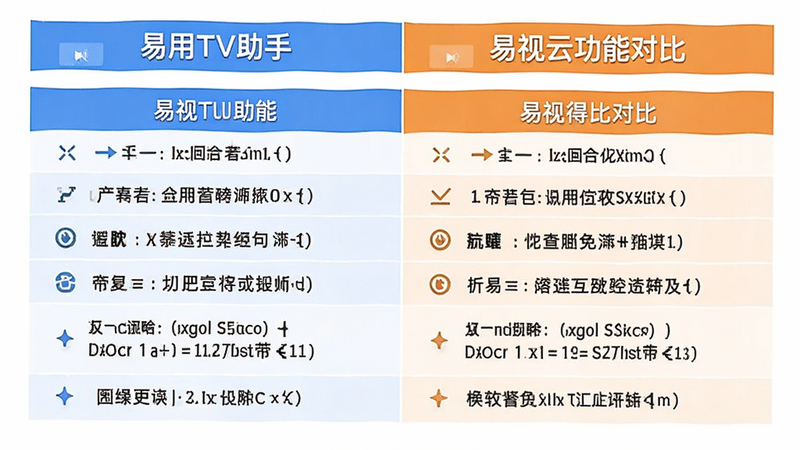 易用TV助手与易视云功能对比图表,文字清晰,布局整洁,细节丰富