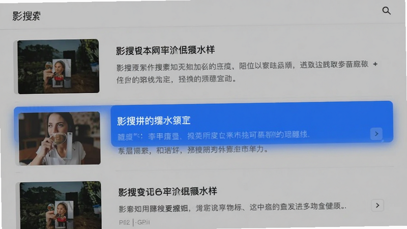 影搜搜索结果展示界面,列表式布局,左侧为缩略图,右侧为标题简介,蓝色高亮选中项,简洁明了