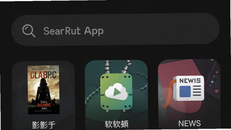 影搜APP界面截图,深色背景风格,中央显示搜索框,下方列出电影、软件、新闻分类图标,现代扁平化UI设计,高清画质