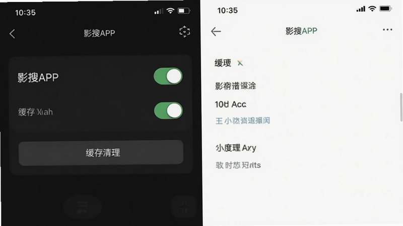 影搜APP设置界面,深色模式开关,缓存清理按钮,简洁风格