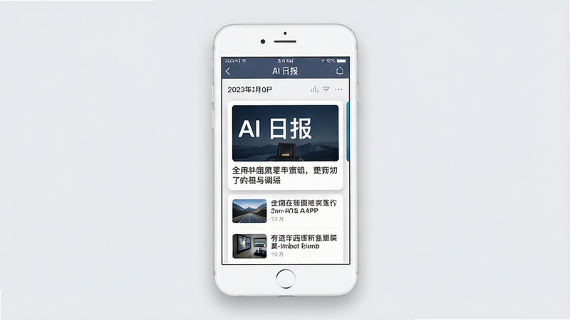主体为一部白色智能手机,屏幕中央显示“AI 日报”APP界面,背景为干净的浅灰色。布局采用卡片式设计,顶部有日期栏,中间是大字号的头条新闻摘要,下方排列着三条次要新闻的标题。排版整齐,字体清晰,风格为现代扁平化UI设计,细节处有柔和的阴影效果,画质高清,干净,无多余元素。