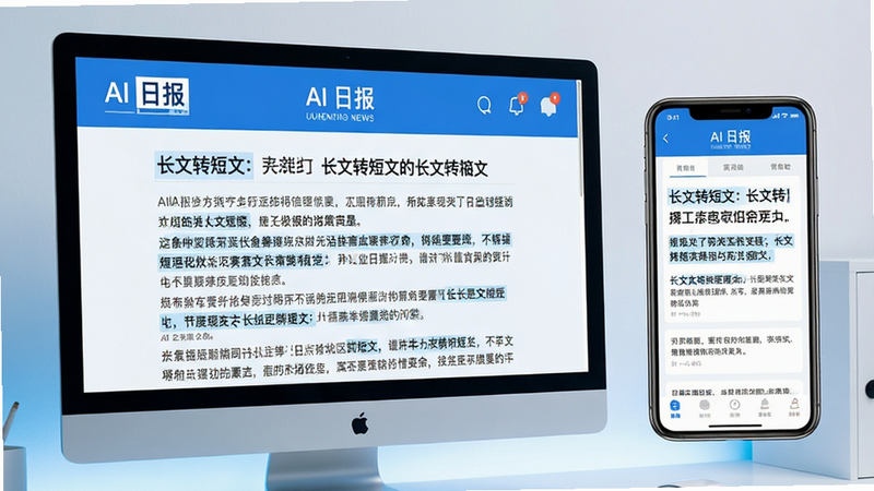 主体为电脑显示器与手机同屏展示“AI 日报”界面,左侧屏幕显示原始新闻长文,右侧手机屏幕显示生成的短摘要。布局为左右对比结构,突出“长文转短文”的效果。风格为科技蓝白色调,细节展示文字高亮标记,画质清晰,干净,无多余元素。