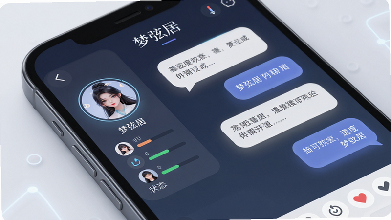 主体为手机屏幕显示梦弦居应用界面,布局清晰,左侧为角色头像与状态栏,右侧为对话气泡,排版整齐,风格为现代极简科技风,细节包含柔和的光影效果与清晰的UI图标,画质高清,干净无多余元素,文字显示“梦弦居”