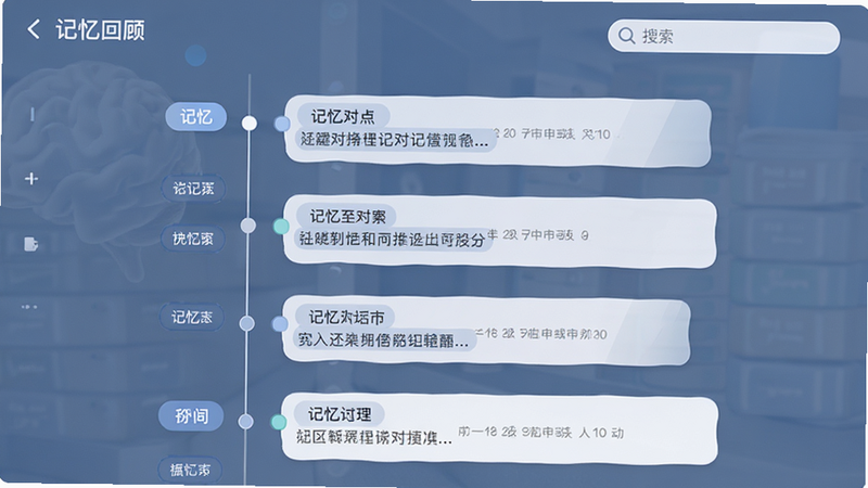 展示记忆管理功能的界面,布局为时间轴列表,显示关键对话节点,排版纵向排列,风格为淡雅蓝白色,细节包含记忆标签与搜索框,画质高清,干净无多余元素,文字显示“记忆回顾”