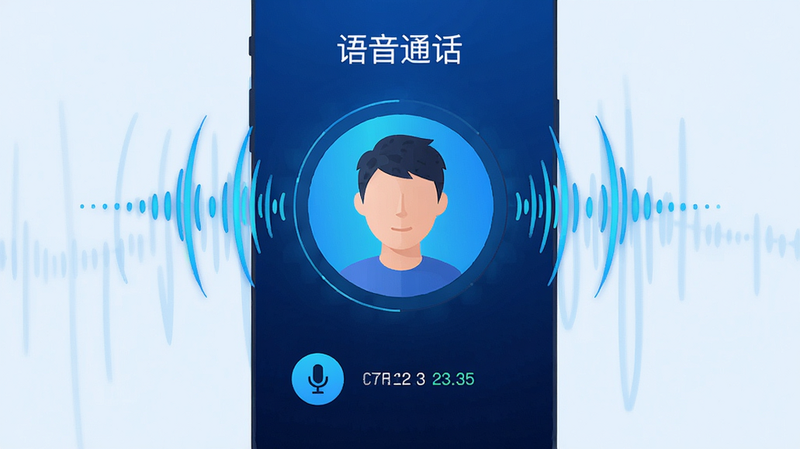 展示语音通话界面的界面,布局中央为大头像,周围环绕声波动画,排版居中,风格为动态感强的科技蓝,细节包含麦克风图标与通话时长,画质清晰,干净无多余元素,文字显示“语音通话”