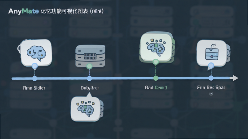 AnyMate记忆功能可视化图表,展示时间轴上的关键事件记录,图标设计扁平化,色调清新,体现数据整理能力