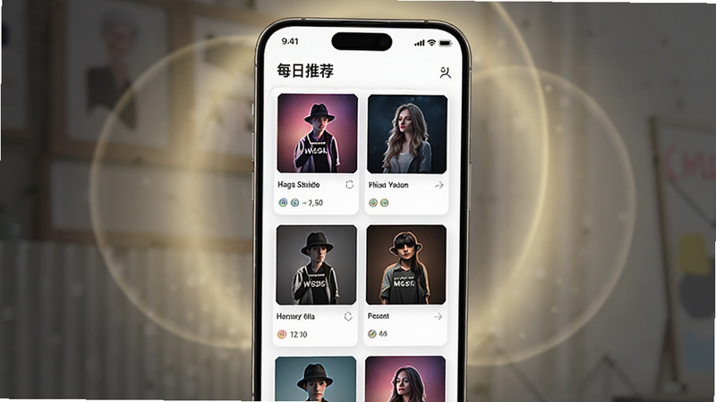 手机界面展示“每日推荐”板块,卡片式布局展示不同风格的音乐封面,背景有柔和的光晕效果,体现智能算法的精准推荐