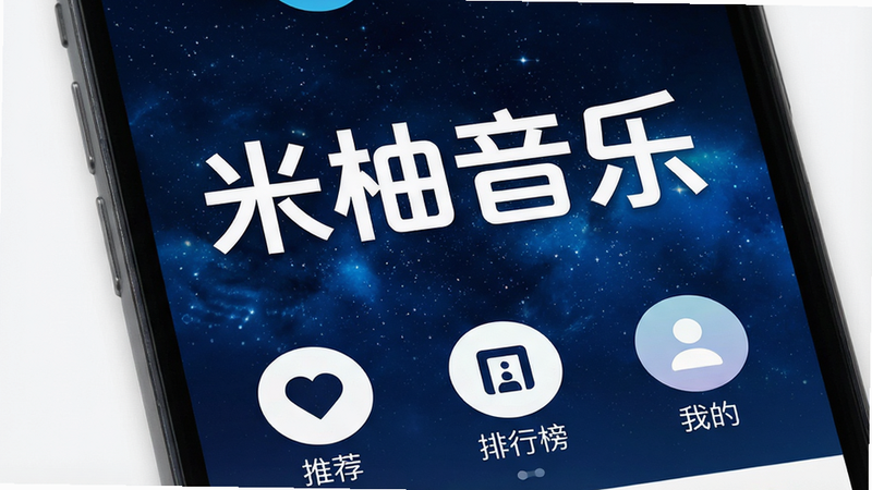 一张展示米柚音乐APP主界面的手机屏幕特写,背景为深蓝色星空纹理,屏幕中央显示巨大的白色“米柚音乐”Logo,下方排列着整齐的“推荐”、“排行榜”、“我的”三个圆形功能图标,整体风格现代简约,高清质感,无多余元素