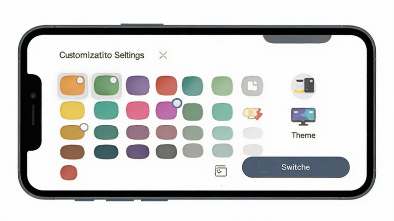 Customization settings screen, color palette selector, theme switcher icons, vibrant colors, user-friendly design, smartphone mockup, flat design, sharp edges