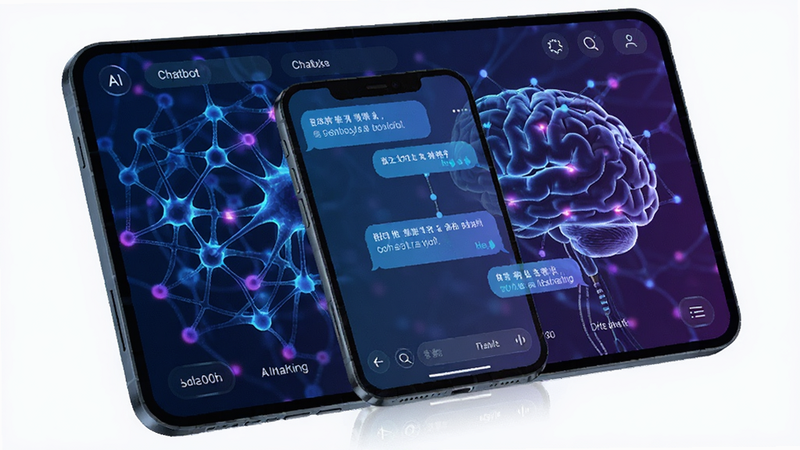 AI chatbot interface, glowing neural network background, smartphone screen showing conversation flow, futuristic tech style, blue and purple gradients, detailed UI elements, clean layout