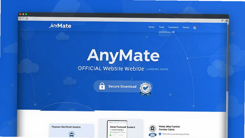 AnyMate official website landing page, secure download button, lock icon, trust badge, modern web design, blue and white color scheme, clean layout