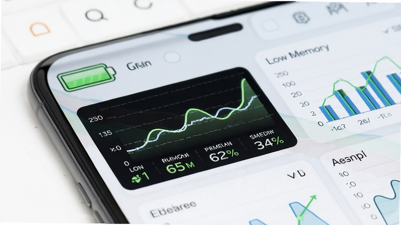 Performance graph, low memory usage indicator, green battery icon, smartphone running smoothly, minimalistic dashboard, clean white background, data visualization charts