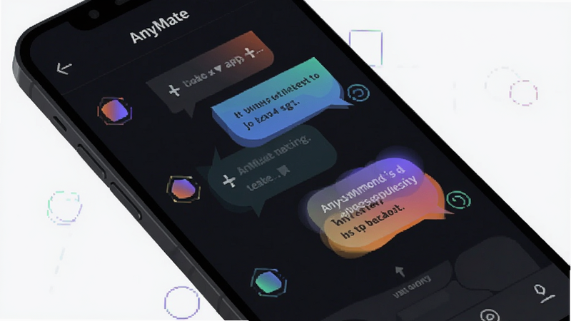 AnyMate app interface, clean modern UI, dark mode, interactive chat bubbles, geometric shapes, minimalist design, high resolution, no text, vector art style