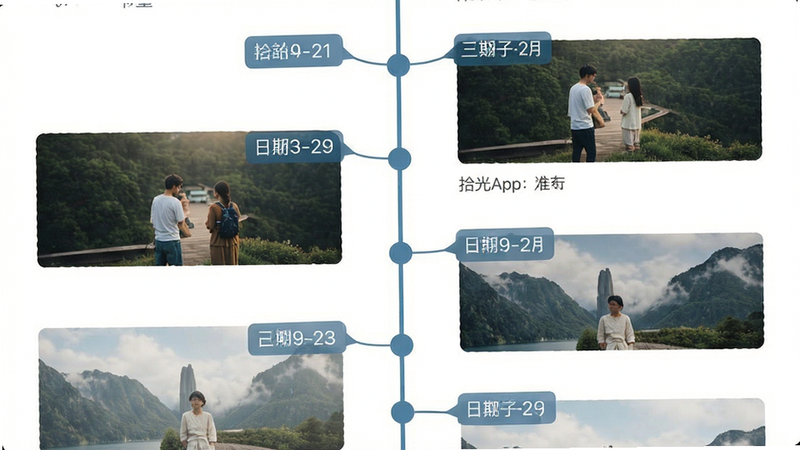 拾光App功能展示图,主体为垂直时间轴界面,布局紧凑,排版左右对称,风格扁平化设计,细节显示日期标签与图片预览,画质清晰干净无多余元素