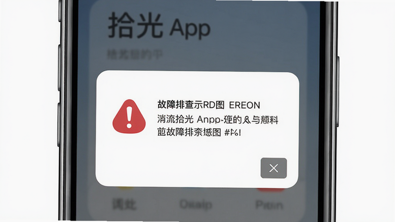 拾光 App 故障排查示意图,主体为手机屏幕显示错误提示对话框,布局居中,排版简洁,风格警示性,细节包含红色感叹号图标与关闭按钮,画质干净无多余元素