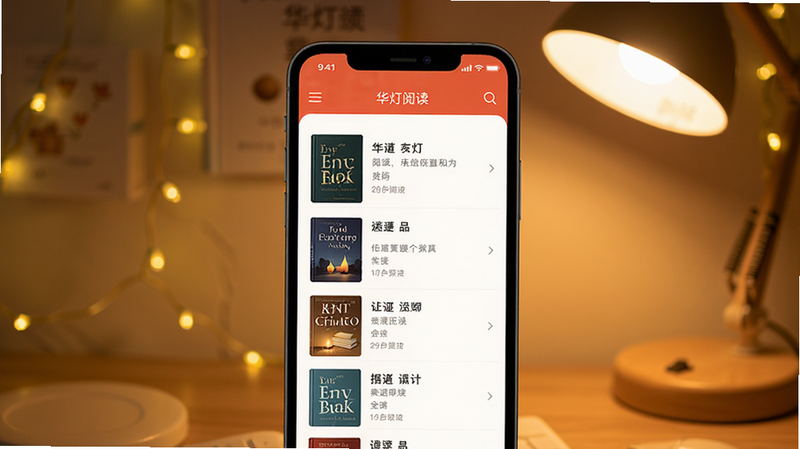 华灯APP阅读界面,书籍列表,暖色灯光氛围,文字清晰,手机竖屏,简洁设计,无多余元素