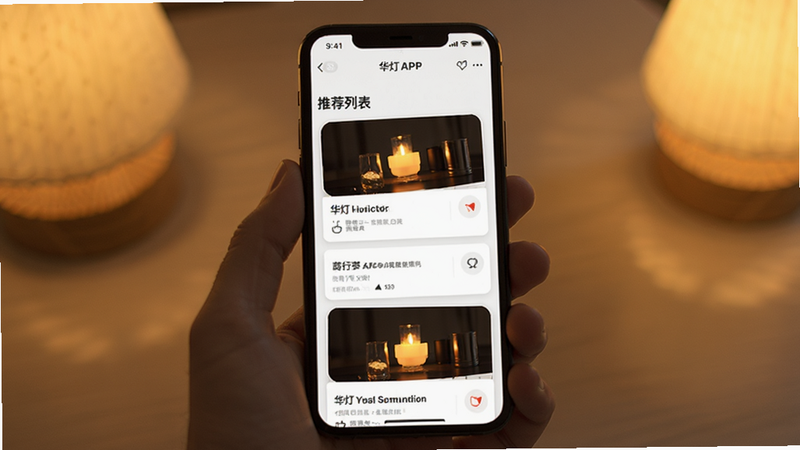 华灯APP推荐列表界面,卡片式布局,暖色灯光点缀,手机屏幕,简洁现代风格,无多余元素
