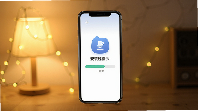 华灯APP安装过程示意,手机屏幕显示下载进度,暖色灯光背景,简洁,无多余元素