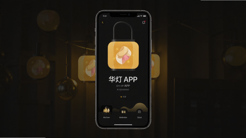 华灯APP界面预览图,深色背景,暖黄色灯光元素,简洁现代UI设计,手机屏幕显示,高清,干净,无多余元素